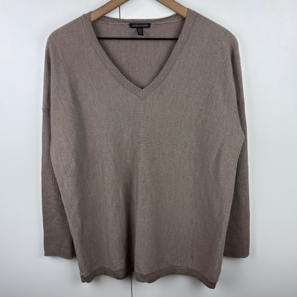 Eileen Fisher Merino Wool Oversized V Neck Sweater Taupe Tan Brown Size XS